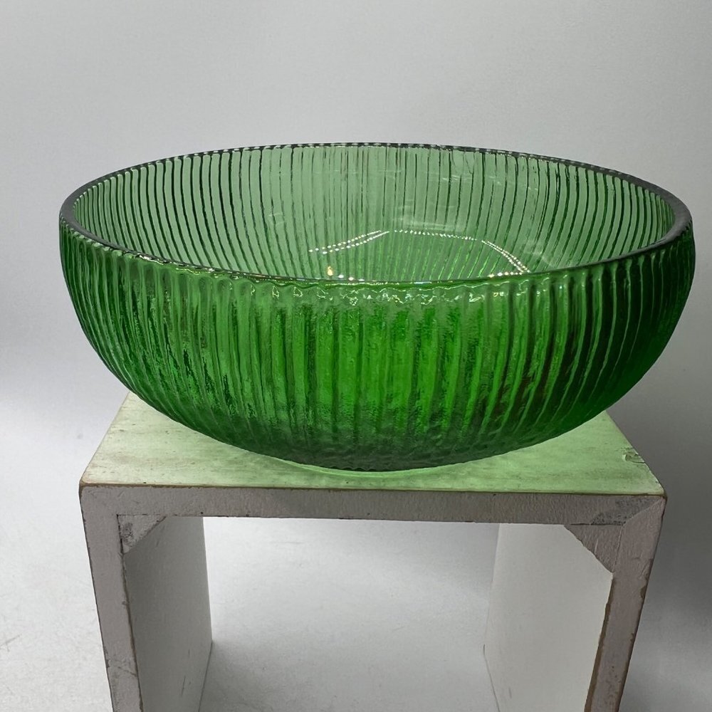 Vtg E.O. Brody Green Glass Bowl Ribbed  Cleveland USA